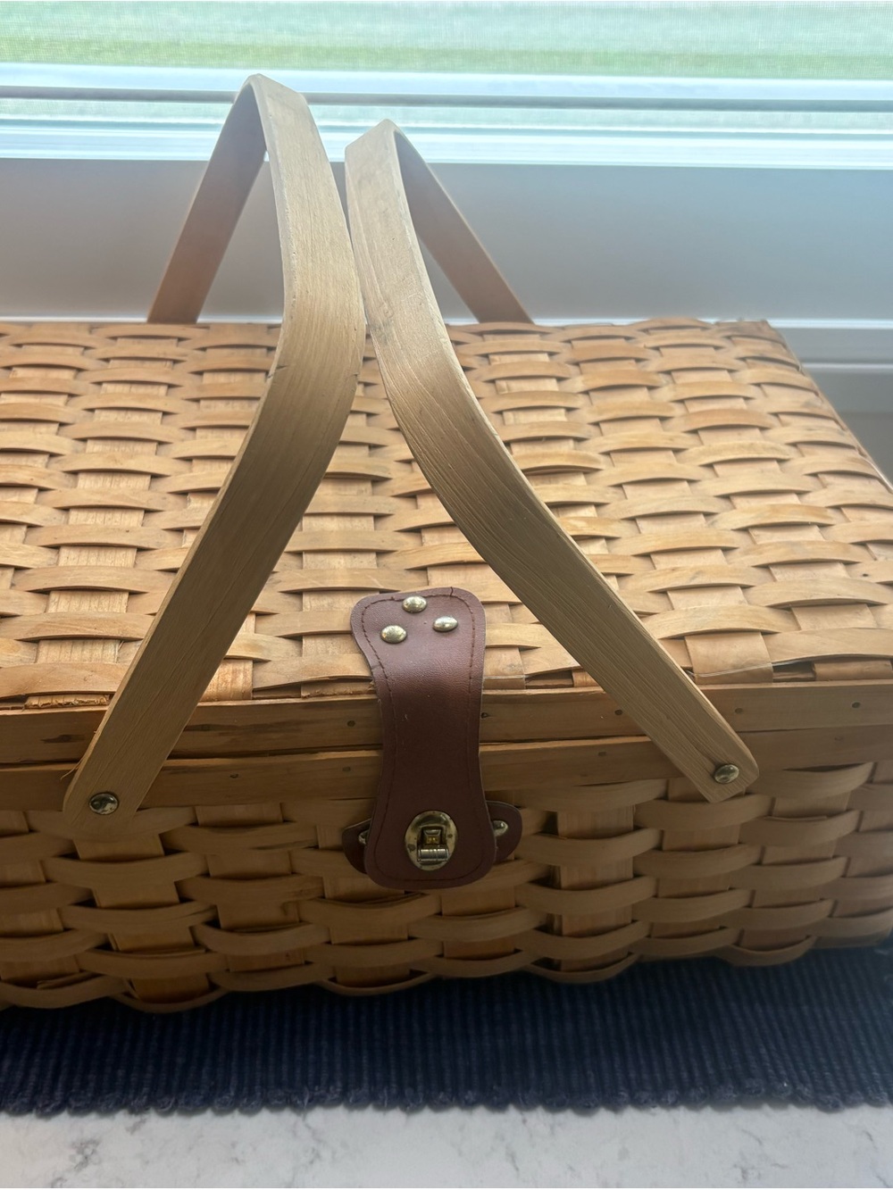 Woven Picnic Basket Tote in Tan with Brown Leather Accent